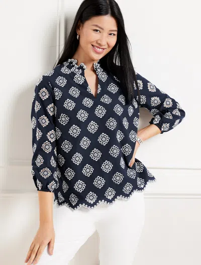 Talbots Petite - Embroidered Floral Top - Indigo Blue/ivory - Large - 100% Cotton  In Indigo Blue,ivory
