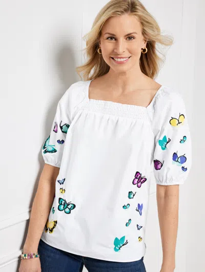 Talbots Petite - Embroidered Poplin Top - Scattered Butterfly - White - Xl - 100% Cotton