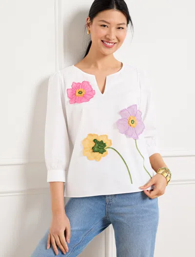 Talbots Misses - Floral Embroidered Poplin Top - White - Large - 100% Cotton