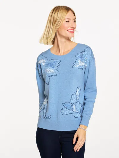 Talbots Petite - Floral Embroidered Sweater - Lakeside Blue Heather - Xl - 100% Cotton