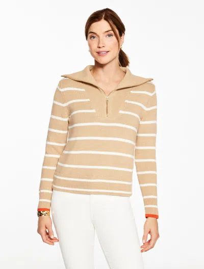 Talbots Petite - Half-zip Sweater - Marl Stripe - Toasted Coconut - Small - 100% Cotton  In Brown