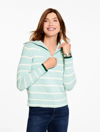 Talbots Petite - Half-zip Sweater - Stripe - Light Soft Jade - Xl - 100% Cotton  In Blue