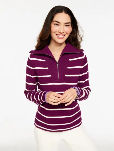 Talbots Petite - Half-zip Sweater - Stripe - Pretty Plum - Xl - 100% Cotton  In Purple