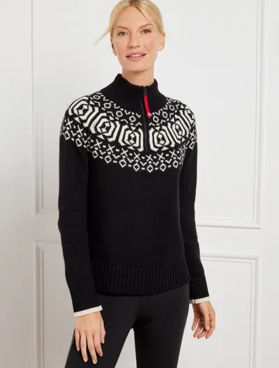 Talbots Petite - Half-zip Sweater - Wintery Geo Fair Isle - Black/ivory - 2xs  In Black,ivory
