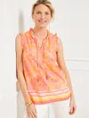 Talbots Petite - Island Pineapple Ruffle Trim Shell Sweater - Banana Cream/strawberry - 2xs - 100% Cotton Ta In Banana Cream,strawberry