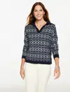 Talbots Petite - Johnny Collar Pullover Sweater - Bicolor Fair Isle - Indigo/ivory - Small  In Black