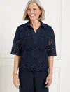 Talbots Petite - Johnny Collar Short Popover Shirt - Blooming Eyelet - Blue - Large - 100% Cotton  In Blue