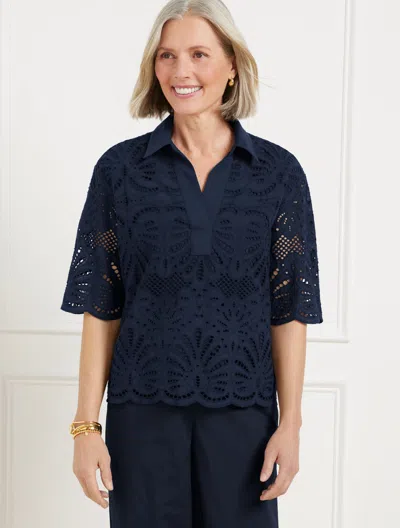 Talbots Petite - Johnny Collar Short Popover Shirt - Blooming Eyelet - Blue - Large - 100% Cotton