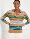 TALBOTS PETITE - JOHNNY COLLAR SWEATER - AUTUMN FAIR ISLE - CAMEL HEATHER - LARGE TALBOTS