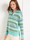 Talbots Petite - Johnny Collar Sweater - Fireside Fair Isle - Opal Blue Heather - Small  In Opal Blue Heather