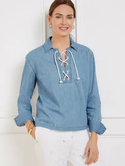 Talbots Petite - Lace Up Denim Top - Amalfi Wash - Medium Amalfi Wash - Small