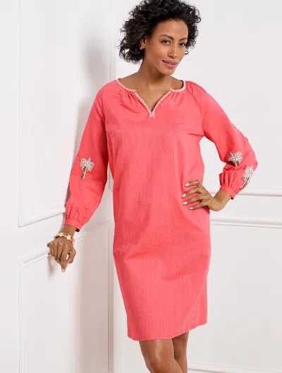 Talbots Plus Size - Linen Cotton Shift Dress - Embroidered Palm - Radiant Coral - 2x