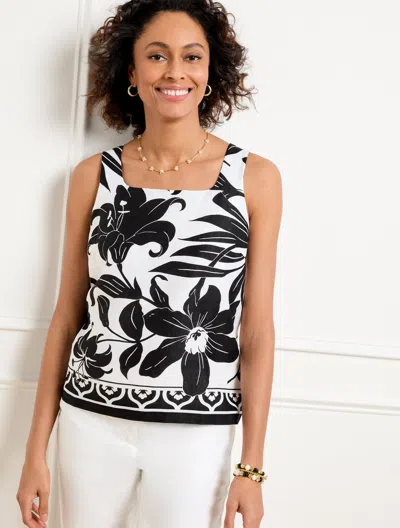 Talbots Petite - Linen Shell Sweater - Lilies Daffodils - White/black - Large  In White,black
