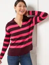 Talbots Petite - Milano Stitch Johnny Collar Sweater - Stripe - Burgundy/honeysuckle - Large  In Burgundy,honeysuckle