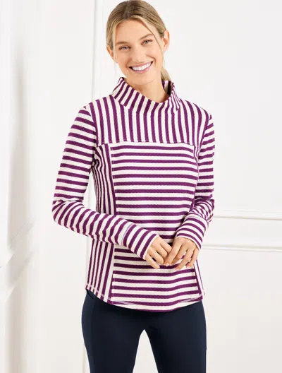 Talbots Petite - Mockneck Pullover Sweater - Textured Stripe - Mulberry Wine/ivory - Large  In Mulberry Wine,ivory