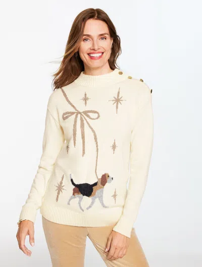 Talbots Petite - Mockneck Sweater - Delightful Dog - Ivory/gold - Medium  In Multi