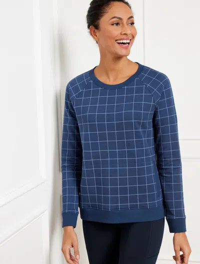 Talbots Petite - Modal French Terry Crewneck Sweater Pullover - Gorgeous Grid - Ink/moonlight Blue - 2xs Tal In Ink,moonlight Blue