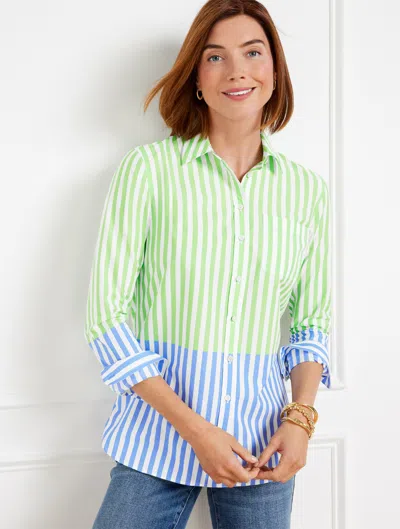 Talbots Misses - Modern Classic Shirt - Wonder Stripe - Pistachio Green/blue Wave - Medium - 100% Cotton Tal In Pistachio Green,blue Wave