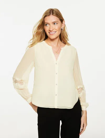 Talbots Petite - Pleated Lace Trim Top - Ivory - Medium  In Neutral