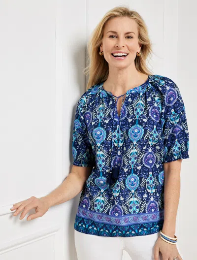 Talbots Petite - Pleated Sleeve Top - Floret Medallion - Ink - 2xs - 100% Cotton