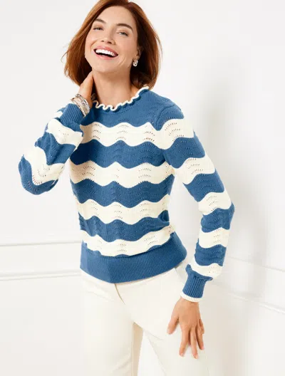 Talbots Petite - Pointelle Ruffle Mockneck Sweater - Stripe - Navy Blue Dusk/ivory - 2xs  In Navy Blue Dusk,ivory