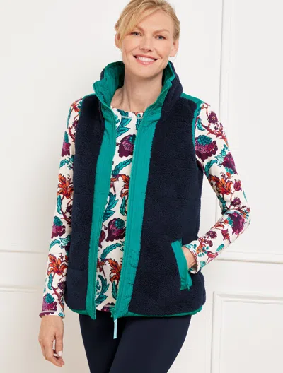 Talbots Petite - Reversible Sherpa Puffer Vest - Indigo Blue/everglade - Medium  In Indigo Blue,everglade
