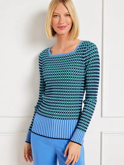 Talbots Plus Size - Ribbed Square Neck Sweater - Plaited Stripe - Laguna Blue - 3x