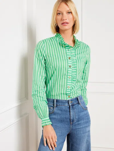 Talbots Petite - Ruffle Blouse - Nautical Stripe - Green Apple/white - Large - 100% Cotton  In Green Apple,white