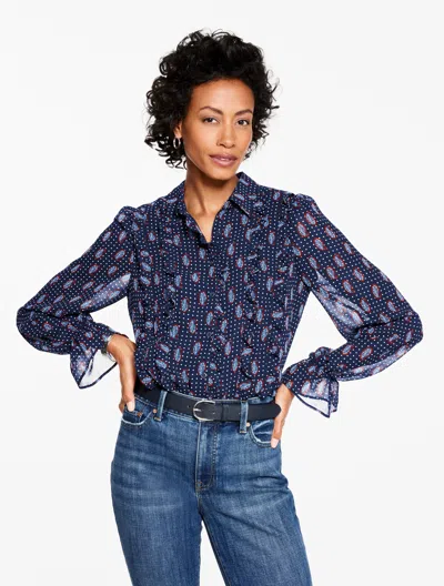 Talbots Petite - Ruffle Neck Top - Ditsy Paisley - Ink - Xl  In Blue