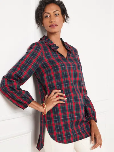 Talbots Petite - Ruffle Neck Tunic Top - Magic Plaid - Blue/gold - 2xs  In Blue,gold
