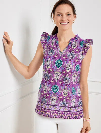 Talbots Petite - Ruffle Trim Shell Sweater - Floret Medallion - Magenta Rose - Medium - 100% Cotton