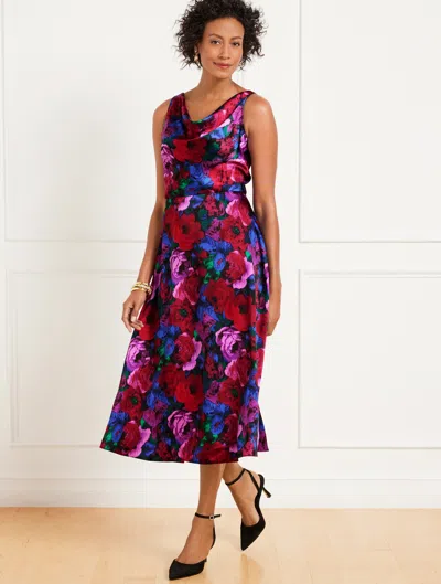 Talbots Petite - Satin Cowl-neck Dress - Wrapped Floral - Black/bright Blue - 14  In Black,bright Blue