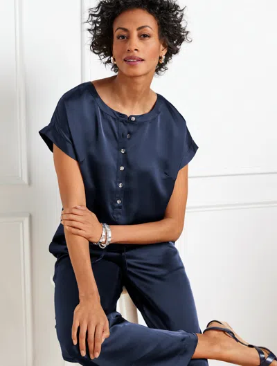 Talbots Petite - Satin Popover Shirt - Blue - Large  In Blue