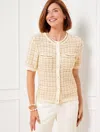 Talbots Petite - Short Sleeve Cardigan Sweater - Metallic Jacquard - Ivory/gold - Large  In Ivory,gold