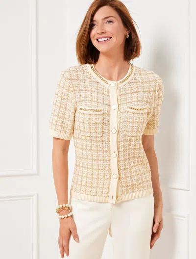 Talbots Petite - Short Sleeve Cardigan Sweater - Metallic Jacquard - Ivory/gold - Large  In Ivory,gold