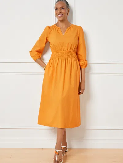 Talbots Petite - Smocked Poplin Midi Dress - Bright Marigold - 14 - 100% Cotton