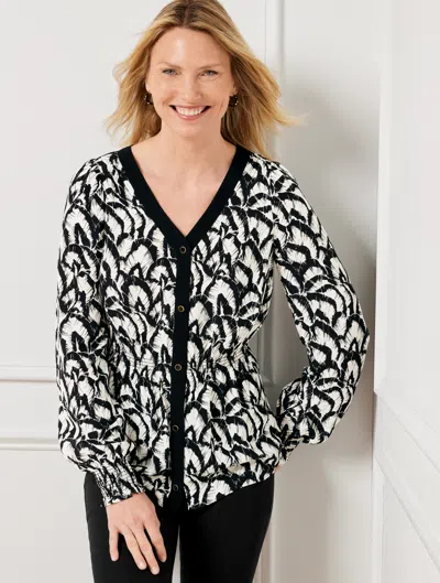 Talbots Petite - Smocked Top - Gathered Feathers - Ivory/black - Large  In Ivory,black