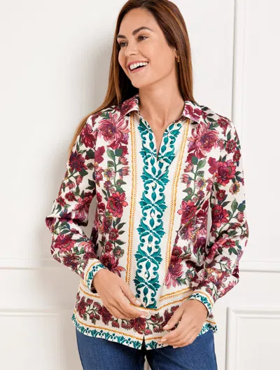 Talbots Petite - Soft Satin Charmeuse Button Front Shirt - Stunning Floral - Ivory - Small