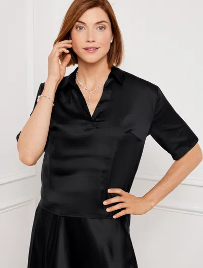 Talbots Soft Satin Charmeuse Johnny Collar Short Shirt - Black - 2x