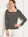 Talbots Petite - Square Neck Raglan T-shirt - Black/ivory - Xl  In Black,ivory