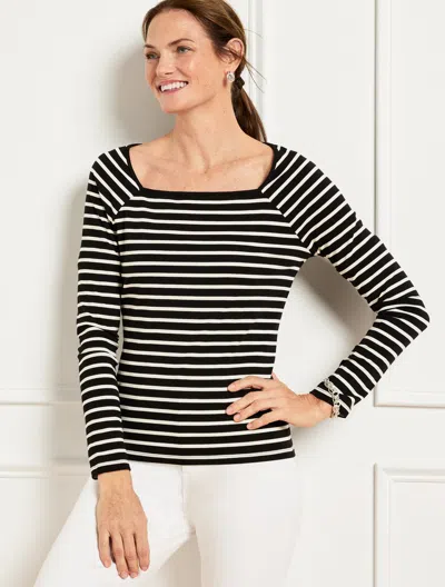 Talbots Petite - Square Neck Raglan T-shirt - Black/ivory - Xl  In Black,ivory