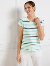 TALBOTS SUPERSOFT JERSEY OPEN BACK T-SHIRT - VAST MULTI STRIPE - WHITE - 1X - 100% COTTON TALBOTS