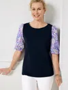 Talbots Petite - Woven Sleeve Crewneck T-shirt - Ditsy - Blue - Small - 100% Cotton  In Blue