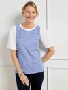 Talbots Petite - Woven Sleeve Crewneck T-shirt - Scallop Stripe - White/biscayne Blue - 2xs  In White,biscayne Blue