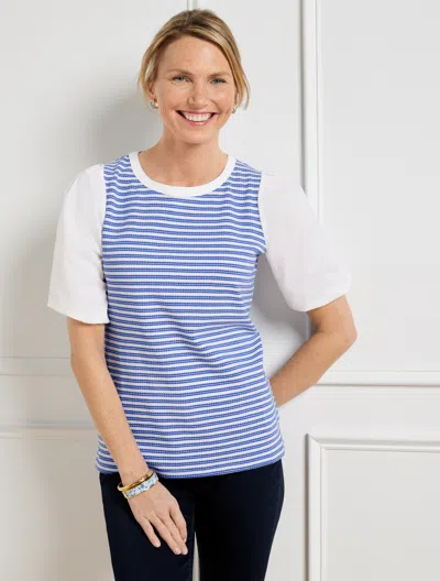 Talbots Petite - Woven Sleeve Crewneck T-shirt - Scallop Stripe - White/biscayne Blue - 2xs  In White,biscayne Blue