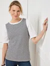 Talbots Petite - Woven Sleeve Crewneck T-shirt - Scallop Stripe - White/black - Xl  In White,black
