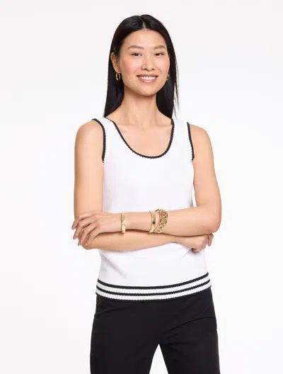 Talbots Petite - Crewneck Sweater Tank Top - Tipped - White/black - Small - 100% Cotton  In Multi