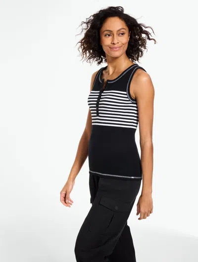 Talbots Petite - Draped Rib Henley Sleeveless Tank Top - Sailaway Stripe - Black/white - Medium
