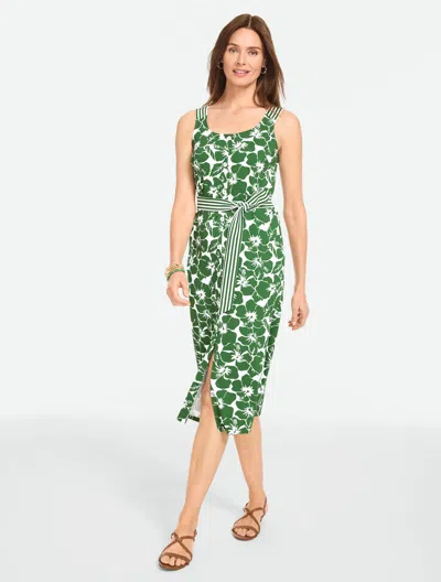 Talbots Petite - Effortless Jersey Button Front Midi Dress - Hibiscus - White/grove Green - 2xs