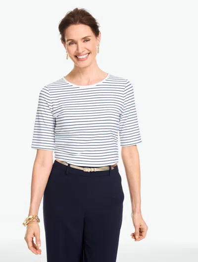 Talbots Petite - Elbow Sleeve Top - Kelly Stripe - White/indigo Blue - Xl